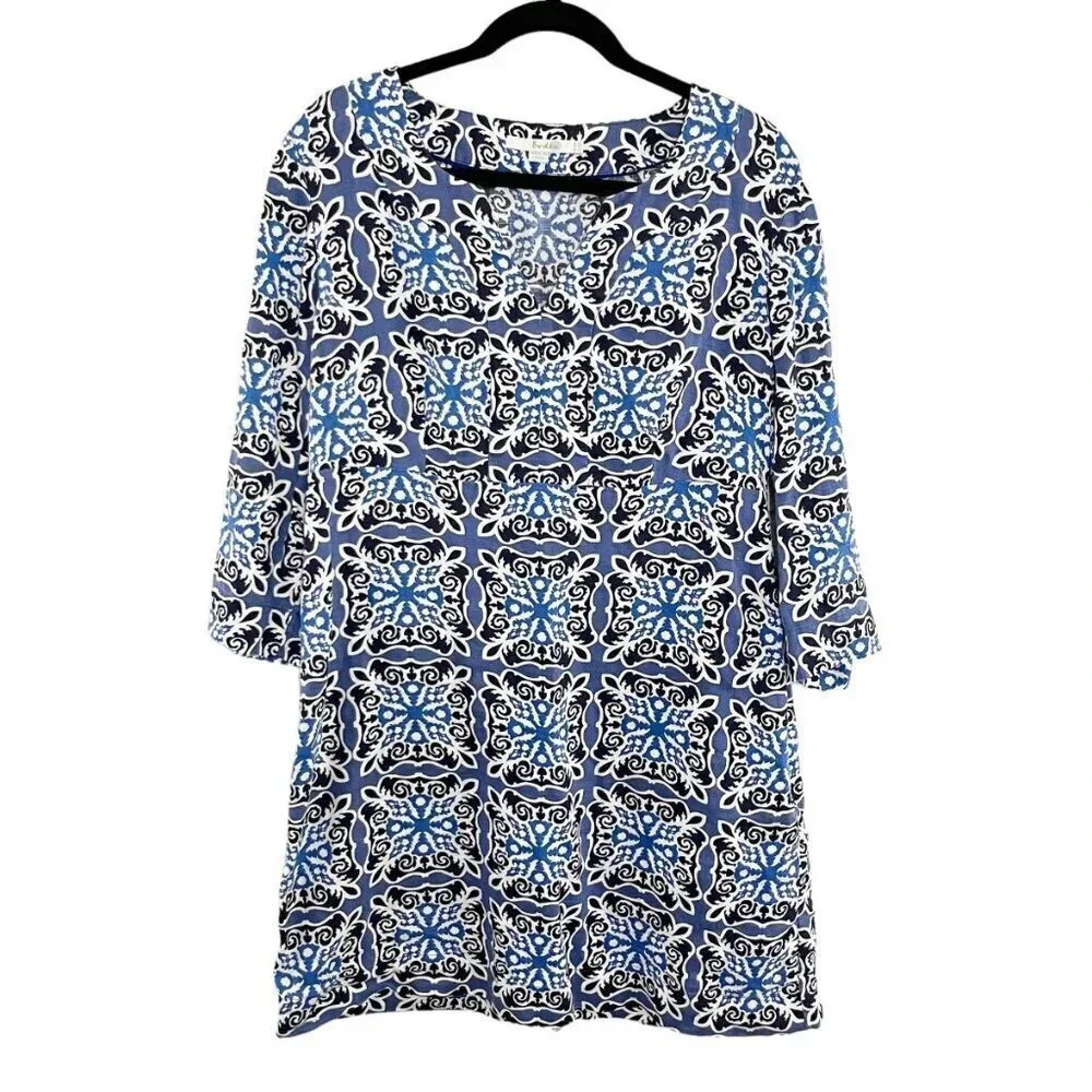 Boden Blue Geometric 100% Linen Mini Dress Women's US Size 10 Regular
